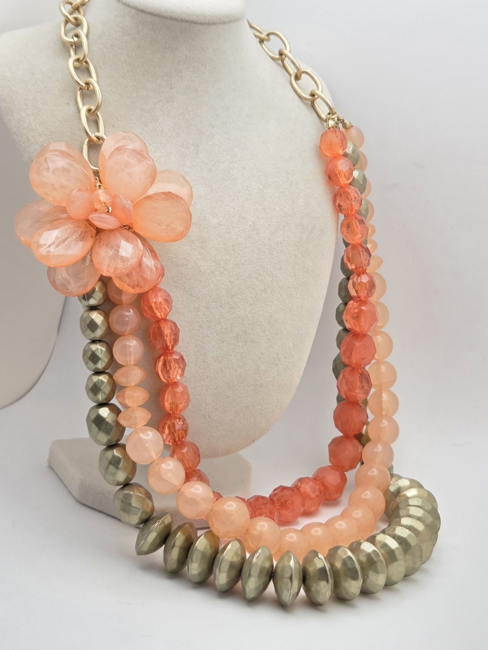 Lydell NYC Statement Necklace Multi Strand Peach Coral Gold Tone Flower 27"